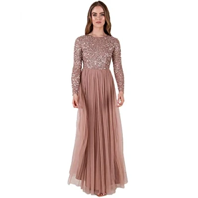 Image of Maya Deluxe Women&#039;s Embellished Long Sleeve Maxi Bridesmaid Dress, Mauve, 8 UK