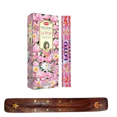 Image of HEM Incense sticks PRECIOUS LOTUS Full box of 6 with DHS stick holder for Yoga, Meditation, Healing, Spirituality, Aromatherapy, Spa and Relaxation…