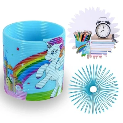 Image of Blue Unicorn Magic Slinky Toy Spring, Plastic Coil Multicoloured Rainbow Springs Gift, Springy Fun for Kids, Retro Summer Toys, Festival Accessories, Christmas Party Bag Fillers Size 6.5cm