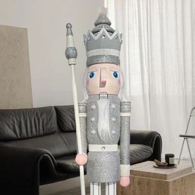 Image of CDL 120cm 48&quot; 4Ft Tall Life Size Large/Giant Silver Glitter Christmas Wooden Nutcracker King Ornament On Stand Holds Scepter For Indoor Outdoor Xmas/Event/Wedding Party Decoration K31