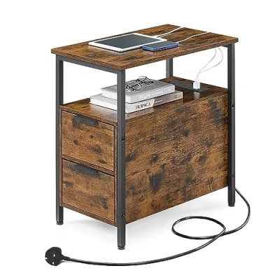 Image of VASAGLE Slim Side Table with Charging Station, Narrow End 2 Drawers, Bedside Storage, for Living Room, Bedroom, Rustic Brown and Classic Black LET326B01