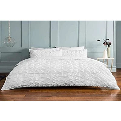 Image of Sleepdown Duvet Cover Set White Rouched Pleats Geometric Pintuck Ruched Quilt Easy Care Bed Linen Soft Cosy Bedding Sets with Pillowcase Single (135 cm x 220 cm)