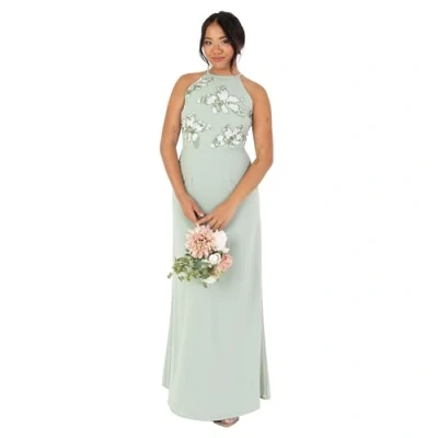 Image of Maya Deluxe Women&#039;s Maxi Dress Ladies Sleeveless Halterneck Floral Sequin Embellished A line for Wedding Guest Evening Ball Gown, Green Lily, 24