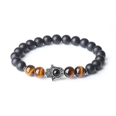 Image of COAI Hand of Fatima Jewelry Onyx Tiger Eye Stone Beaded Bracelet for Men Women M