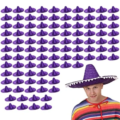 Image of Mexican Purple Sombrero With White Pom Poms Straw Hat Fancy Dress Costume Ideal for Hen/stag Night, Summer, Beach Party, Wholesale Bulk Pack Of 1