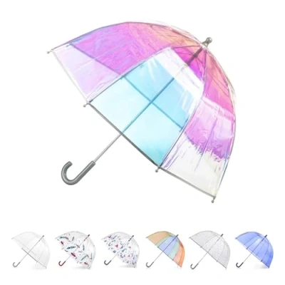 Image of Totes Adults and Kids Clear Bubble Umbrella with Dome Canopy, Lightweight Design, Wind Rain Protection Umbrella, Iridescent, 37&quot;