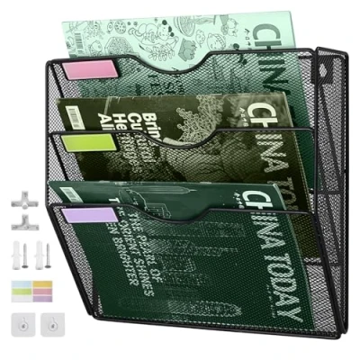 Image of IOUGDSEC 3 Tier Mesh Hanging File Organizer Vertical Wall Holder for Office School Home, Nametag Label Hooks Set Included
