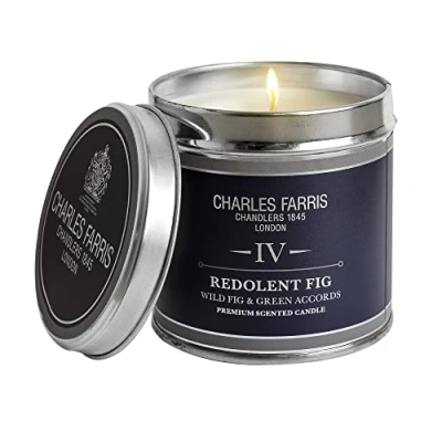 Image of Charles Farris Redolent Fig Signature Luxury Scented Tin Candle Wild &amp; Green Accords Hand Poured in England 40 Hours+ Burn Time
