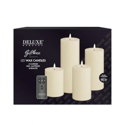 Image of Deluxe Homeart Indoor Flameless LED Giftbox Set of 4 with Remote &amp; Batteries Real Flame™ Technology Battery Powered Candles (Cream)