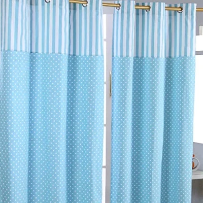 Image of HOMESCAPES 100% Cotton Unlined Eyelet Curtain Pair Polka Dots Blue 117cm (46&quot;) Wide x 137cm (54&quot;) Drop
