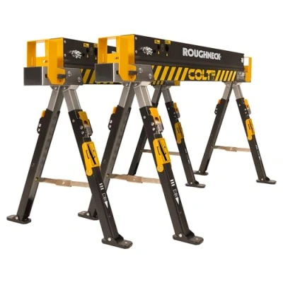 Image of ROUGHNECK® COLT 600E Sawhorse, Heavy Duty Steel Construction, Weight Baring Capacity 589kg Each, 1178kg Per Pair with Height Adjustable Legs for Woodworking &amp; Construction 2 Pack