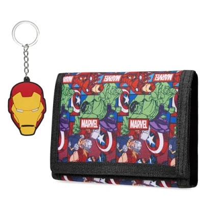 Image of Marvel Boys Wallet and Keyring Gift Set Avengers Trifold with Coin Purse Card Slots Keychain Gifts (Multi Avengers)