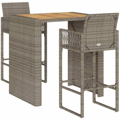 Image of vidaXL 3 Piece Garden Bar Set without Cushions Grey Poly Rattan Acacia