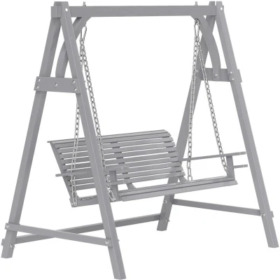 Image of Outsunny 2 Seater Garden Swing Seat Larch Wood Chair Hammock Bench Lounger Grey