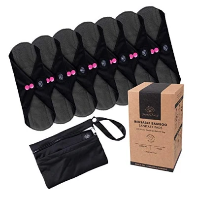 Image of FLOATING LOTUS Reusable Sanitary Pads (7pk Medium: Light to Medium Period Flow) Black Washable Bamboo Menstrual Towels Panty Liners inc Waterproof Bag