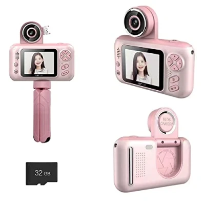 Image of EMEBAY 2.4 Inch Digital Camera with Tripod Stand for Children, Mini Selfie Rechargeable Camcorder 32G SD HD Video Card 1080P Gift Toy Girls Boys