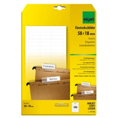 Image of SIGEL LP725 Piece Inserts for suspension files, 5.8 x 1.8 cm, 185 gsm, 180 Pieces equal to 4 sheets, White