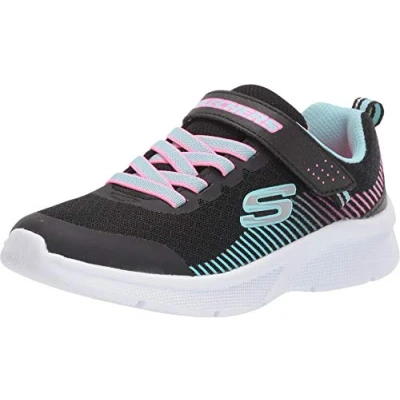 Image of Skechers Girl&#039;s Microspec Sneaker, Black Mesh/Aqua &amp; Neon Pink Trim, 2.5 UK Child