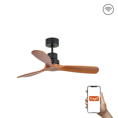 Image of Mini Lantau Small 3 Blade Ceiling Fan Matt Black, Walnut Tuya Smart System