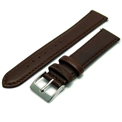 Image of Soft Genuine Leather Watch Strap Band 20mm, Brown, Chrome (Silver Colour) Buckle