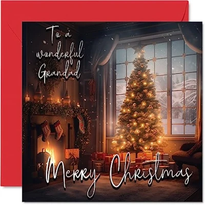 Image of Traditional Happy Christmas Card for Grandad Merry to Xmas from Grandson Granddaughter, 145mm x Single Seasonal Greeting Cards Gift