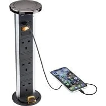 Image of KnightsBridge IP54 3G pop up socket with dual USB charger A+C (FASTCHARGE) Black nickel Cap
