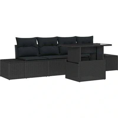Image of vidaXL 5 Piece Garden Sofa Set with Cushions Black Poly Rattan