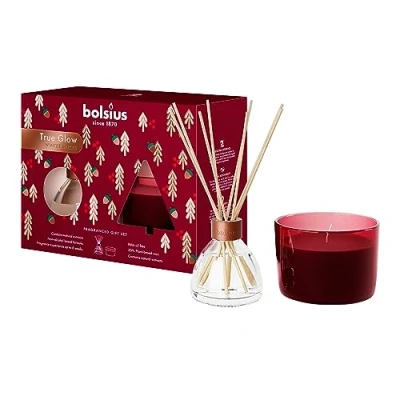 Image of Bolsius Gift Set with Reed Diffuser and Scented Candle True Glow Winter Spices Bordeaux Red Festive &amp; Fragrance Experience Christmas Decoration Decorative Household Candles