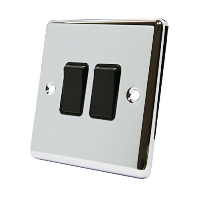 Image of AET CPC2GSWIBL Polished Chrome Classical Black Insert Plastic Rocker Switches 10 Amp Double 2 Gang Way Light Switch, 240 V