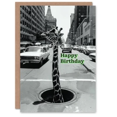 Image of Artery8 Birthday Card Giraffe City Retro Photo Fun Animal Lover For Him Her Man Woman Greeting