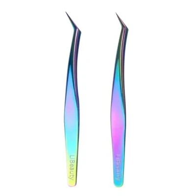 Image of Libeauty Eyebrow Tweezers, 2 Pcs Lash Eyelash Tweezers for Individual and 1d 6d Lashes Volume, with Premium PU Storage Case(Colorful)