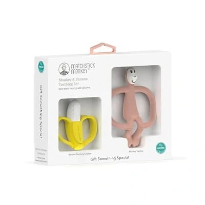 Image of Matchstick Monkey, Antimicrobial Teething Gift Set 1 Banana Shaped Soother and Animal Teether, 3 Months Old+, &amp; Monkey Dusty Pink