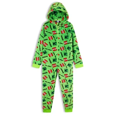 Image of Minecraft Boys Fleece Onesie, Hooded Onesie Pyjamas Gifts for Gamers (Multi, 11 12 Years)
