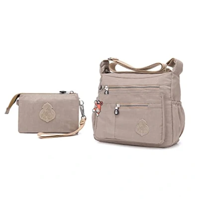 Image of Foino Fashion Shoulder Bag Lightweight Messenger Women Cross Body for Ladies Casual Waterproof Bookbags (2 Bags Beige)