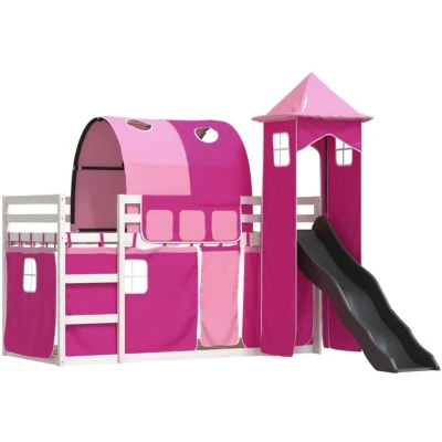 Image of Bunk Bed without Mattress with Slide and Curtains Pink 80x200 cm Vidaxl