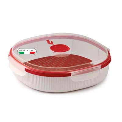 Image of Snips Microwave steamer 2 LT Meat, Fish and Vegetable Steamer, 24.5 x 7 cm for vegetables, White red 100% Made in Italy 0% BPA