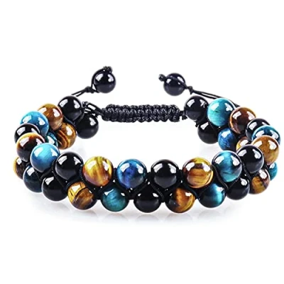 Image of Triple Protection Bracelet,Crystal Bracelet for Men Women Tiger Eye Beads Hematite and Black Obsidian,10mm Healing Bracelets,Natural Stone Beaded Bracelets Bring Luck., blue chalcedony