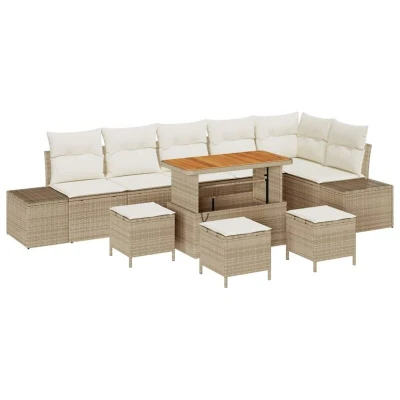 Image of vidaXL 10 Piece Garden Sofa Set with Cushions Beige Poly Rattan Acacia