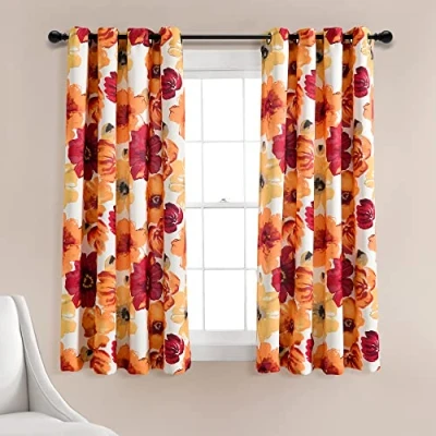 Image of Lush Decor Leah Light Filtering Window Curtain Panel Pair, 63&quot; L x 52&quot; W, Red &amp; Orange