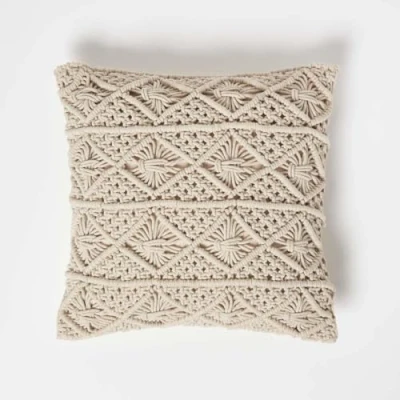 Image of HOMESCAPES Handwoven Macrame Cushion 100% Cotton Natural Cream with Cable Knit Style Bo Ho Pattern Super Microfibre Insert 45 x cm
