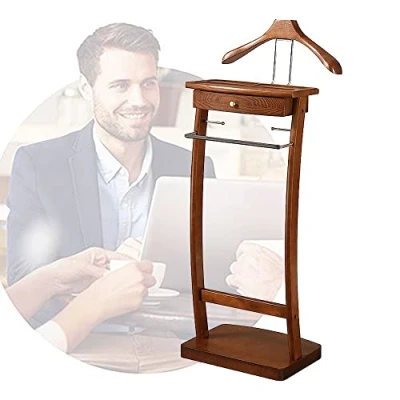 Image of Freestanding Clothes Valet Stand Wooden Floor Standing Suit Hanger Rack Front Trouser with Non slip Rubber Sleeve for Crease Free Coat Storage HxWxD:112x44.4x 30cm