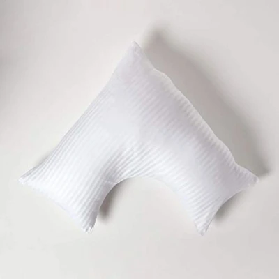 Image of HOMESCAPES White Pure Egyptian Cotton V Shape Pillowcase 330 TC 500 Thread Count Percale Equivalent Satin Stripe Pillow Case For Nursing Pregnancy and Elderly
