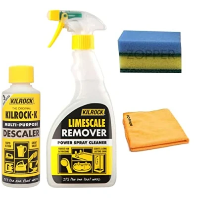Image of Kilrock Limescale Remover &amp; Descaler Bundle With 1x 500ml Power Spray Cleaner, 250ml Multi Purpose Descaler, ZOPPER Microfiber Cloth, 2x Cleaning Sponge