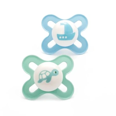 Image of MAM Original Start Soother 0 2 Months (Set of 2), Baby Made from Sustainable Material, SkinSoft Silicone Teat, with Case, Blue (Designs May Vary)