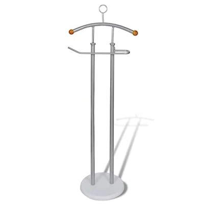 Image of vidaXL Valet Stand with Dual Hanging Rails, Heavy Duty Metal Frame, Clothes Organizer, Free standing Coat and Shirt Rack Wooden Base, Silver Grey.