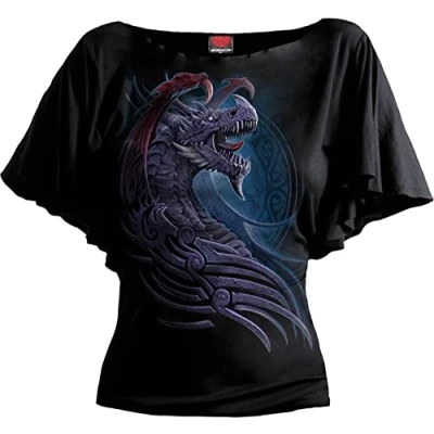 Image of Spiral Dragon Borne Boat Neck Bat Sleeve Top Black S
