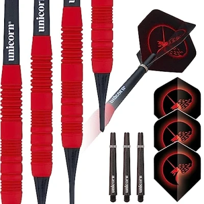Image of Unicorn Soft Tip Darts Set Core Plus Smooth Comfortable Rubberised Brass Barrels Red 16 g