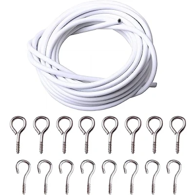 Image of SO USEFUL 2/3 Meter Net Curtain Wire, Hanging Cord Kit with 8 Pairs of Hooks and Eyes for Rods. (3m)