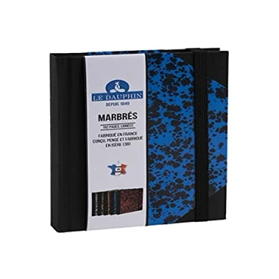 Image of Le Dauphin Ref. 167202D 1 notebook lined interior print with black elastic closure band dimensions 17 x 11 cm vertical format 192 pages blue marbled cover