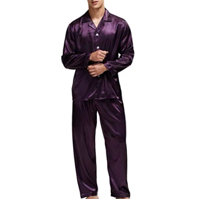 Image of Men’s Sleepwear Satin Pyjama Set Nightwear Loungewear (Purple, Medium)